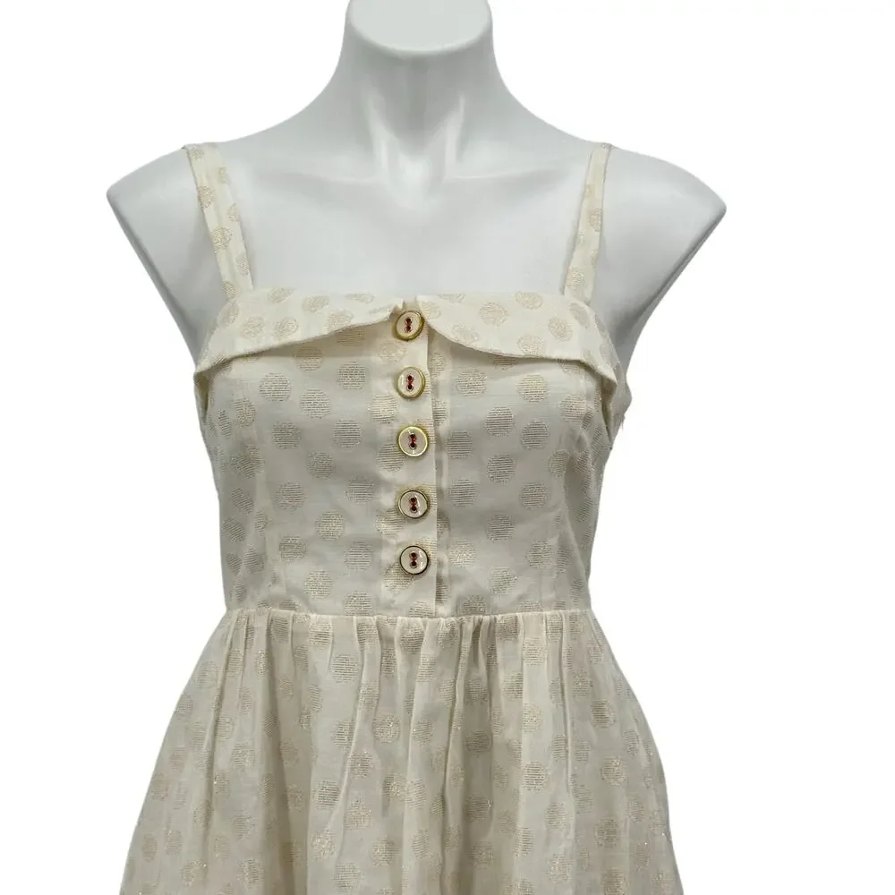 Maeve Polka Dot Dress Women SZ M White Gold Metallic Boho Cottagecore Chic Soft